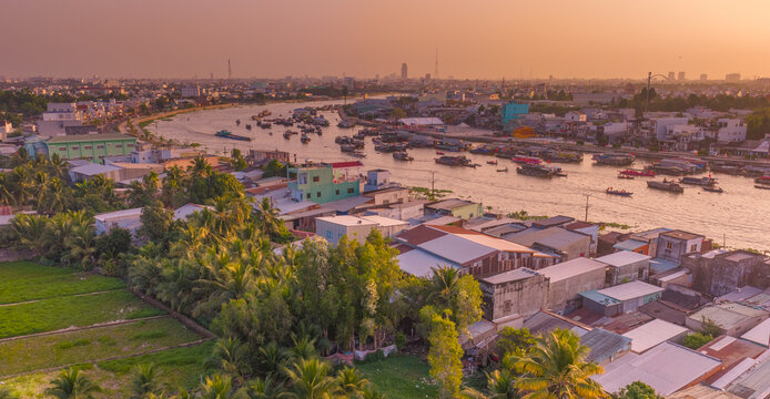 Aerial view of Cai Rang floating market, Can Tho, Vietnam. It is famous market in Mekong Delta, Vietnam with many boats and ship