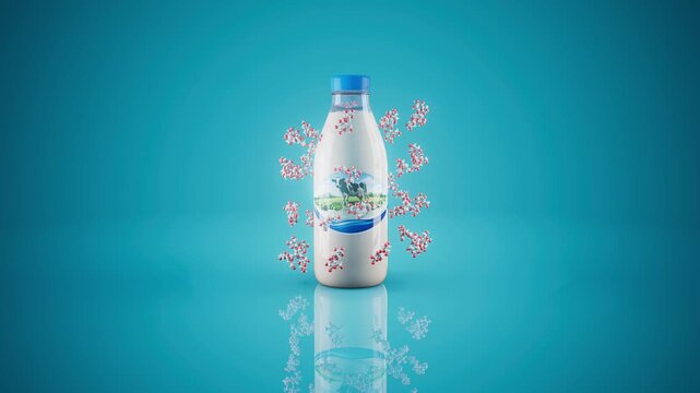 Conceptual 3D animation of a milk bottle producing lactose molecules