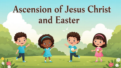 Children Celebrating Ascension of Jesus Christ and Easter Illustration