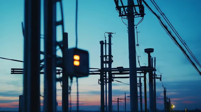 Railway signal glowing with orange light against a twilight sky, indicating a path or status within the extensive network of tracks and electrical overhead lines, symbolizing guidance and movement