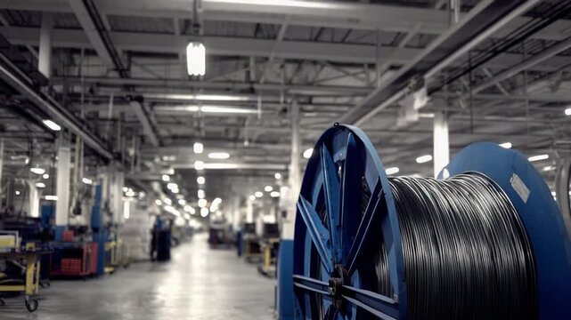 Large blue industrial cable spool holding metallic wires in a vast, well lit manufacturing facility, highlighting industrial production and electrical engineering processes