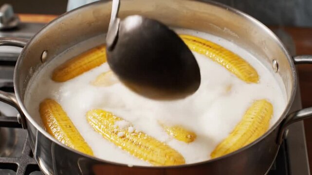 Making Cambodian Dessert Banana Buche: Slicing, Boiling Bananas with Coconut Milk and Sugar