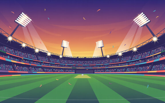 Cricket stadium with bright lights and full stands at sunset