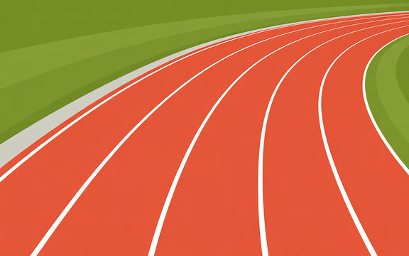 Curved running track top view vector illustration with green field background