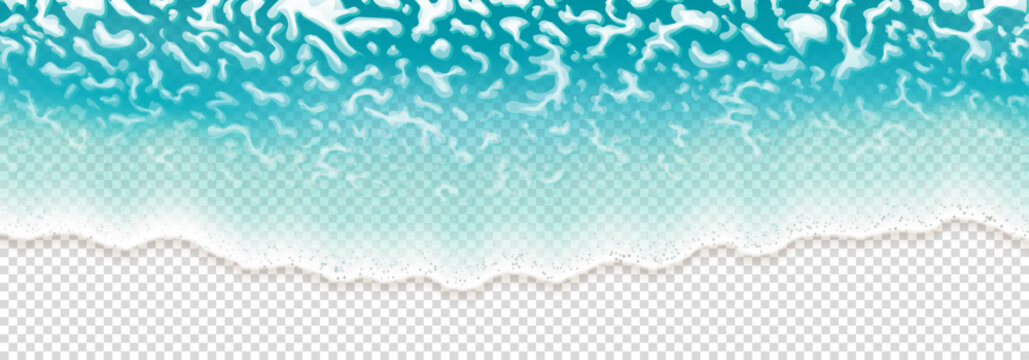 Turquoise sea waves template. 3d vector illustration with top view of ocean or sea water waves isolated on checkered background. Gradient splashing sea waves with transparency effect. Summer design.