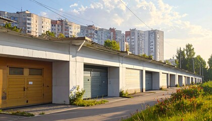 Obraz premium A row of industrial garages with apartment buildings