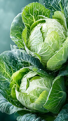 Obraz premium Macro shot of fresh green cabbage leaves with water drops