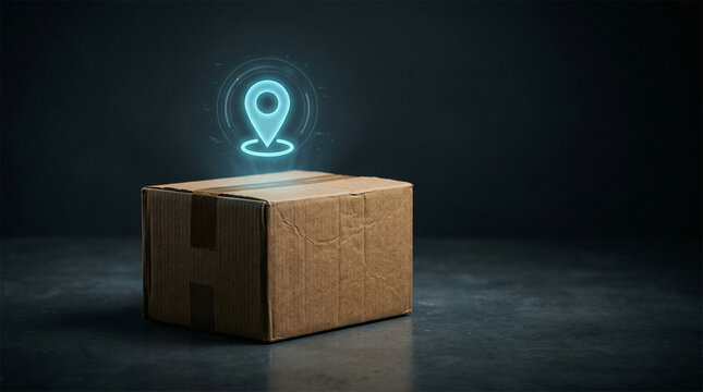 Cardboard box with glowing blue location pin icon, symbolizing package tracking and delivery service.