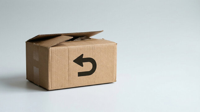 A brown cardboard box with a return arrow symbol on a white background, representing product returns.