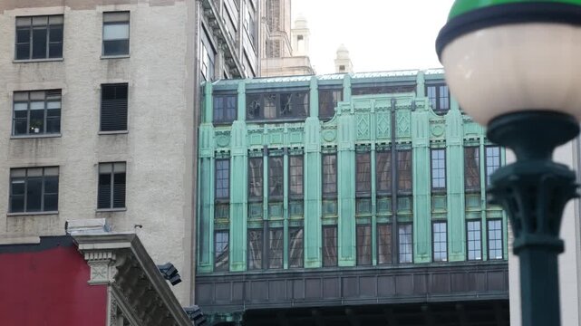 New York City Gimbels bridge, Manhattan Midtown, United States of America. Skybridge on Broadway, Herald Square, USA. Gimbels traverse, 6 avenue. Historic elevated walkway 1925, Subway metro orb globe