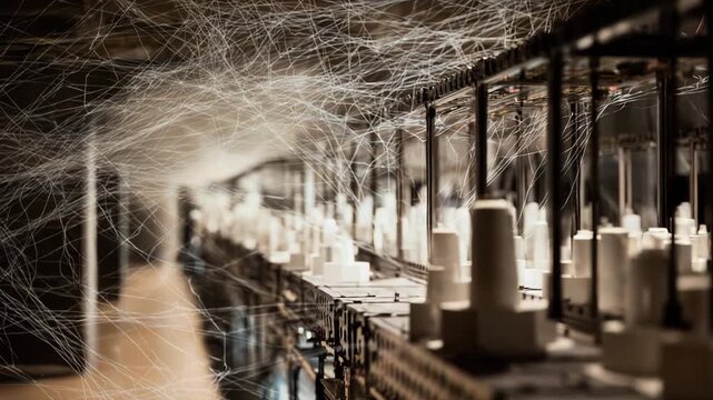 White threads creating an elaborate matrix of intertwined lines over an array of industrial machine elements, symbolizing connection, intricacy, and human influence