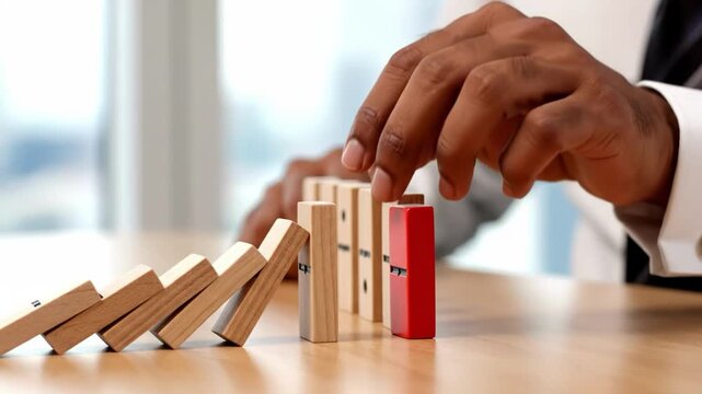 Businessman stopping domino effect with red block on table