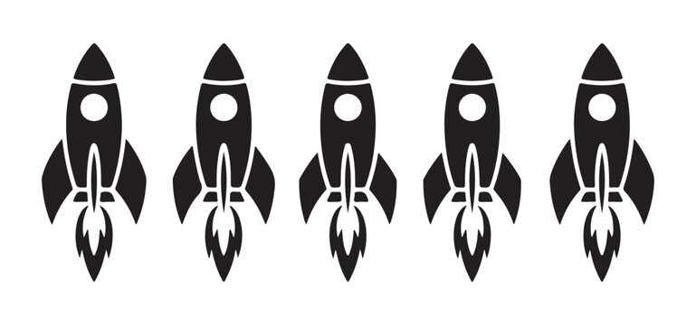 A line of five identical black rocket ship icons with flames bursting from bottom, representing launch and speed.
