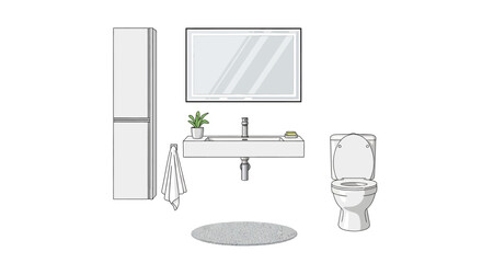 Fototapeta premium Modern Bathroom Design with Sink, Toilet, Cabinet, Mirror, and Rug