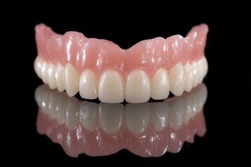 Obraz premium Full upper denture with realistic gums and teeth reflected on a glossy black surface.