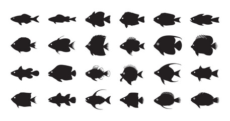 Obraz premium Collection of diverse fish silhouettes swimming in water, underwater ocean life.