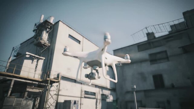 White flying quadcopter drone with camera performing aerial surveillance and inspection tasks over an old industrial building, showcasing modern technology in a classic setting