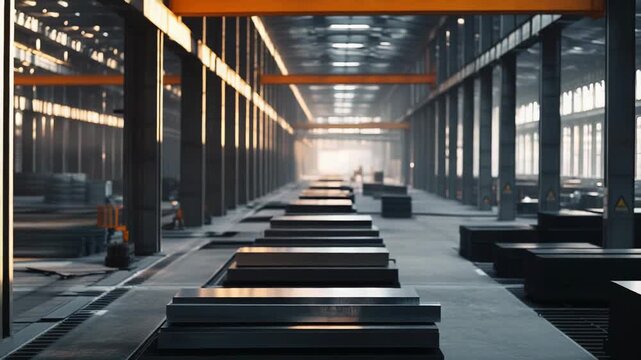 Steel products stockpiling on the floor of a large manufacturing facility, emphasizing raw materials and the industrial process in a modern metallurgy plant