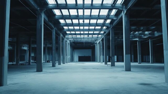 Empty industrial warehouse interior featuring concrete pillars and a skylight roof, creating a vast, open space with an urban and desolate atmosphere, awaiting future development