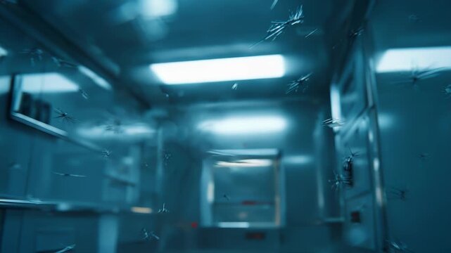 Dynamic ice shards or frozen particles appearing in the foreground with sharp details, creating a cold and sterile atmosphere inside a blurred laboratory or technical facility