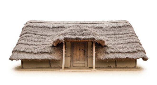 Small traditional thatched roof hut with wooden door