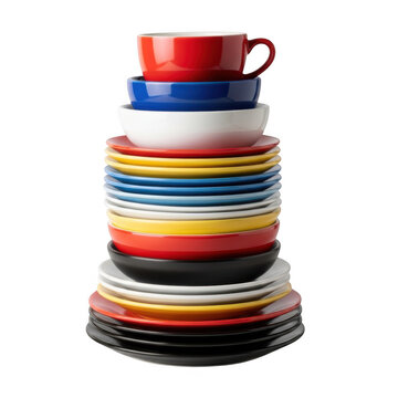 A tall stack of colorful ceramic dinner plates and bowls topped with a small bright red coffee mug isolated on transparent background
