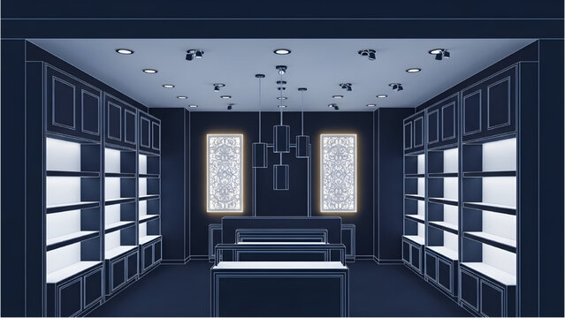 Retail boutique lighting plan, ceiling pendants, display shelves, decorative wall panels, 3D blueprint, interior layout, store design, architectural visualization