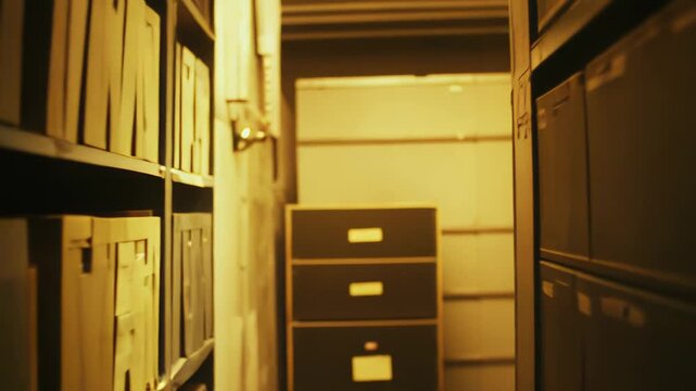 Archive room maintaining historical important documents and paper records, symbolizing data storage, organization, information management, and preservation of confidentiality in a storage facility