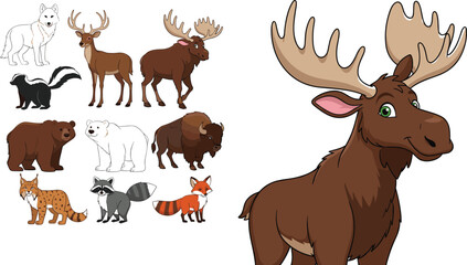 Wildlife Animal Character Set Featuring Moose, Bear, Fox, Raccoon, and Other Forest Animals for Nature, Wildlife, and Animal Design © MstMukta