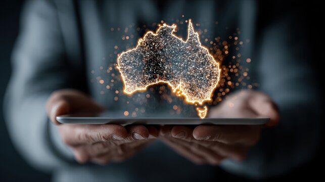Digital Australian continent emerges from tablet screen in a glow of particles and light