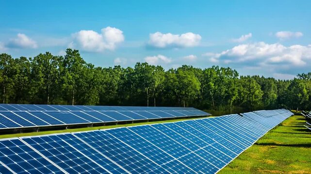 Solar panels are collecting sunlight to produce sustainable electricity, contributing to environmental protection and alternative energy solutions in a natural outdoor setting