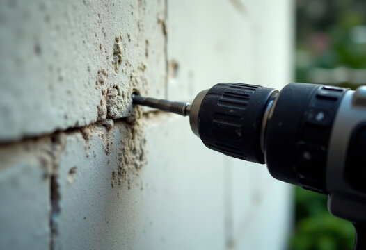 Close-up of drill and bit being used to drill into gray wall made of building cinderblock, blocks and bricks. Concrete, cement. Background is blurred.