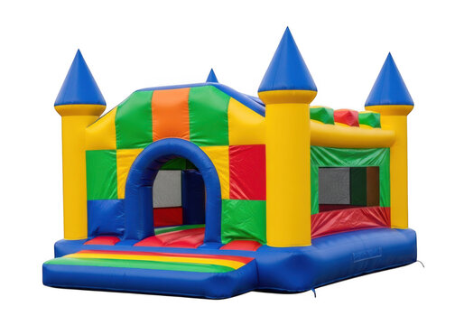 A vibrant and colorful inflatable bounce house castle designed for children to play and jump in isolated on transparent background