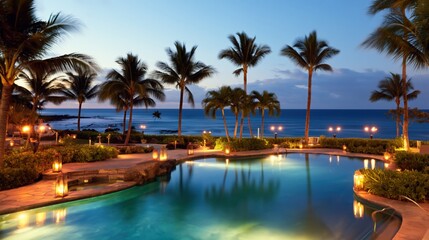 Fototapeta premium Curved resort pool lit with lanterns by seaside evening palm