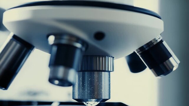 Scientific microscope objective lens converging on a sparkling crystal, symbolizing precision, technological advancement, and discovery in a modern laboratory setting for detailed examination