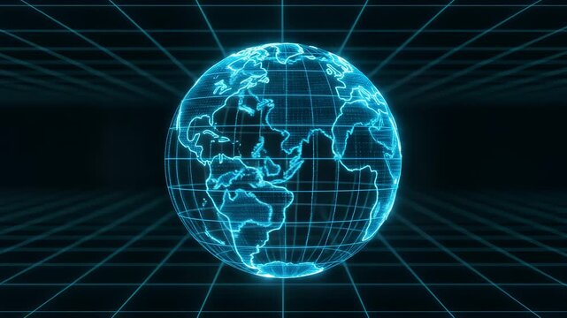 Digital holographic earth globe with glowing blue grid lines, futuristic wireframe world map on dark background, global technology and data network concept