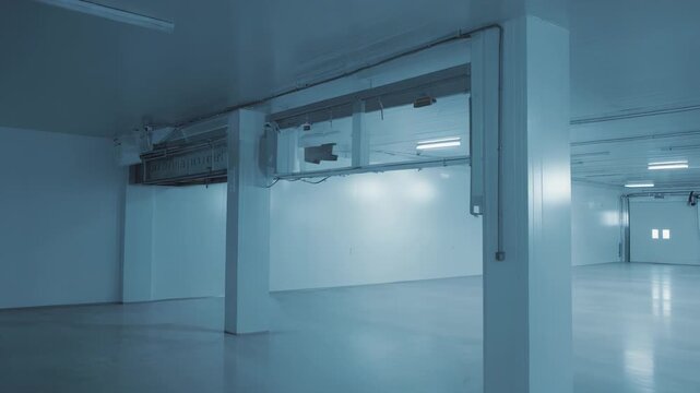 Spacious, modern empty warehouse interior featuring a high gloss reflective floor, columns, and a large door, ideal for logistics, supply chain, and food preservation concepts