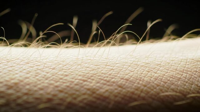 Extreme close-up macro video of human arm skin with vellus hairs showing goosebumps rising and subsiding with golden rim lighting on a black background, intricate physiology concept
