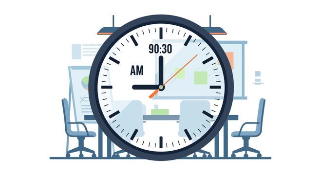 A Modern Meeting Room With A Large Clock Displaying 930 AM, Indicating Morning Business Hours and Productivity
