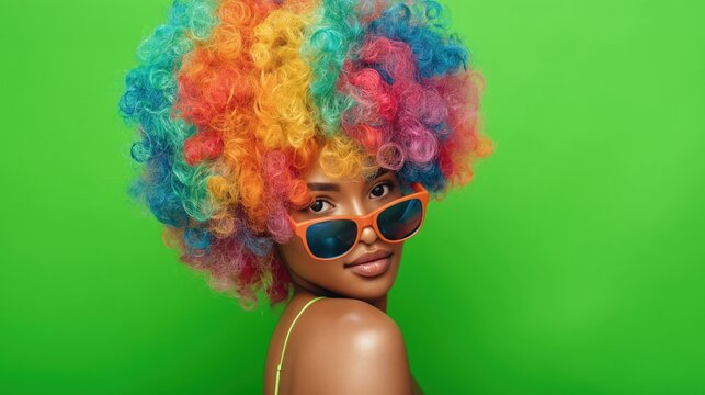 Woman wearing large rainbow curly wig and sunglasses studio