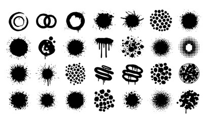 Spray paint grunge textures with splatter circles dirty dots and brush strokes street art vector set © MstMonisha