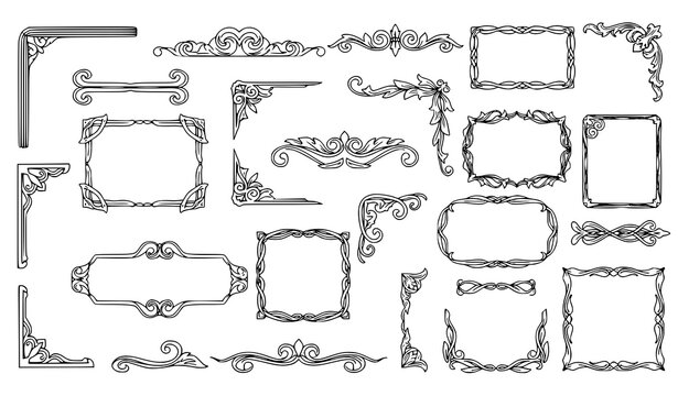 Hand drawn vintage calligraphy frames with floral ornaments and decorative borders engraving style vector set