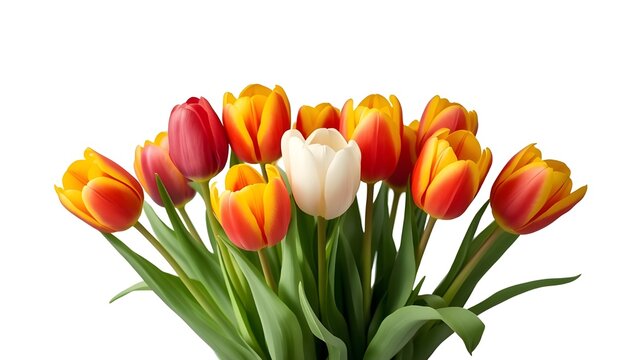 A vibrant bouquet of colorful tulips against a clean white background