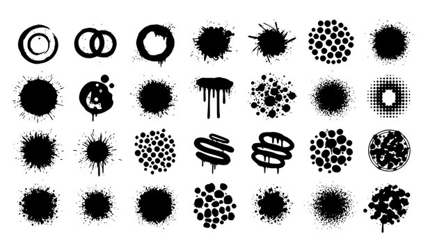 Spray paint grunge textures with splatter circles dirty dots and brush strokes street art vector set