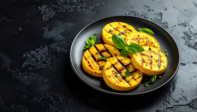 Grilled squash  yellow  slices with visible grill marks on dark background. Healthy cooked vegetable dish perfect for vegetarian cuisine and healthy lifestyle concept.