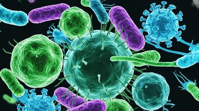 Microscopic view of viruses and bacteria, showing the various shapes and sizes of infectious microorganisms