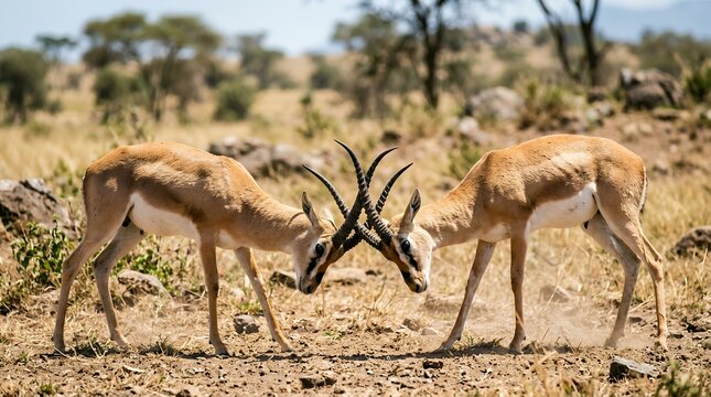 African gazelles fighting in savanna, male impala rams clashing horns in wilderness, wildlife action in dry grassland safari landscape