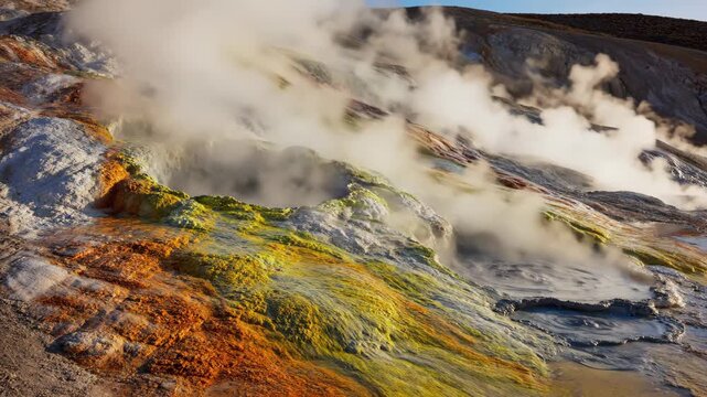Geothermal activity at hverir iceland dramatic steam venting in volcanic landscape with vivid colors and textures