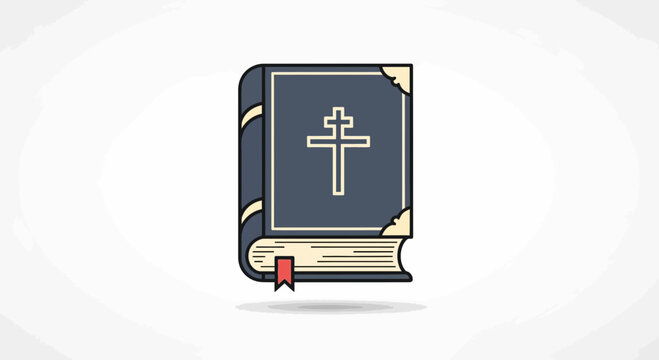 Stylized vector illustration of an ancient religious book with a prominent cross symbol on its cover and a visible bookmark, symbolizing faith, spirituality, and timeless knowledge