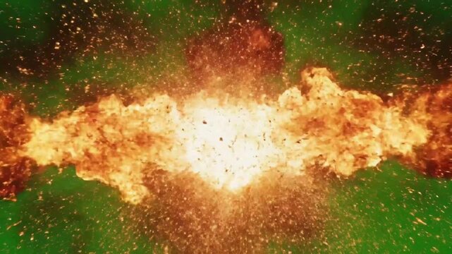 Epic fireball explosion against a green screen background creating a fiery blast effect of flames and sparks
